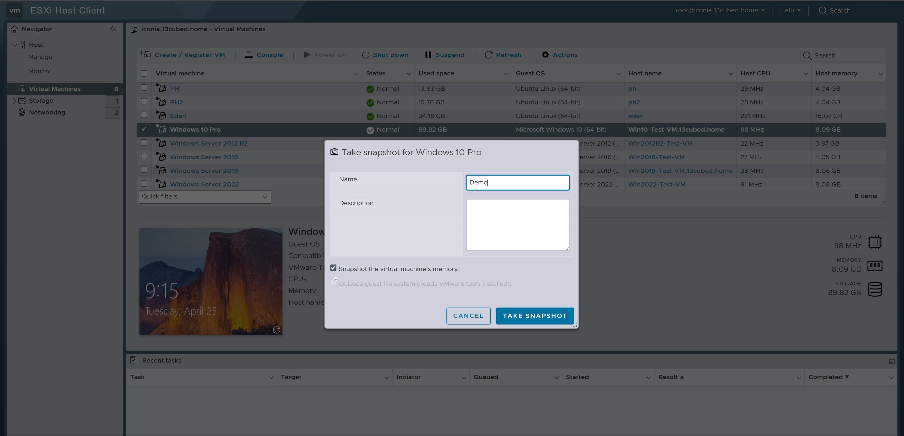 Snapshot option enabled